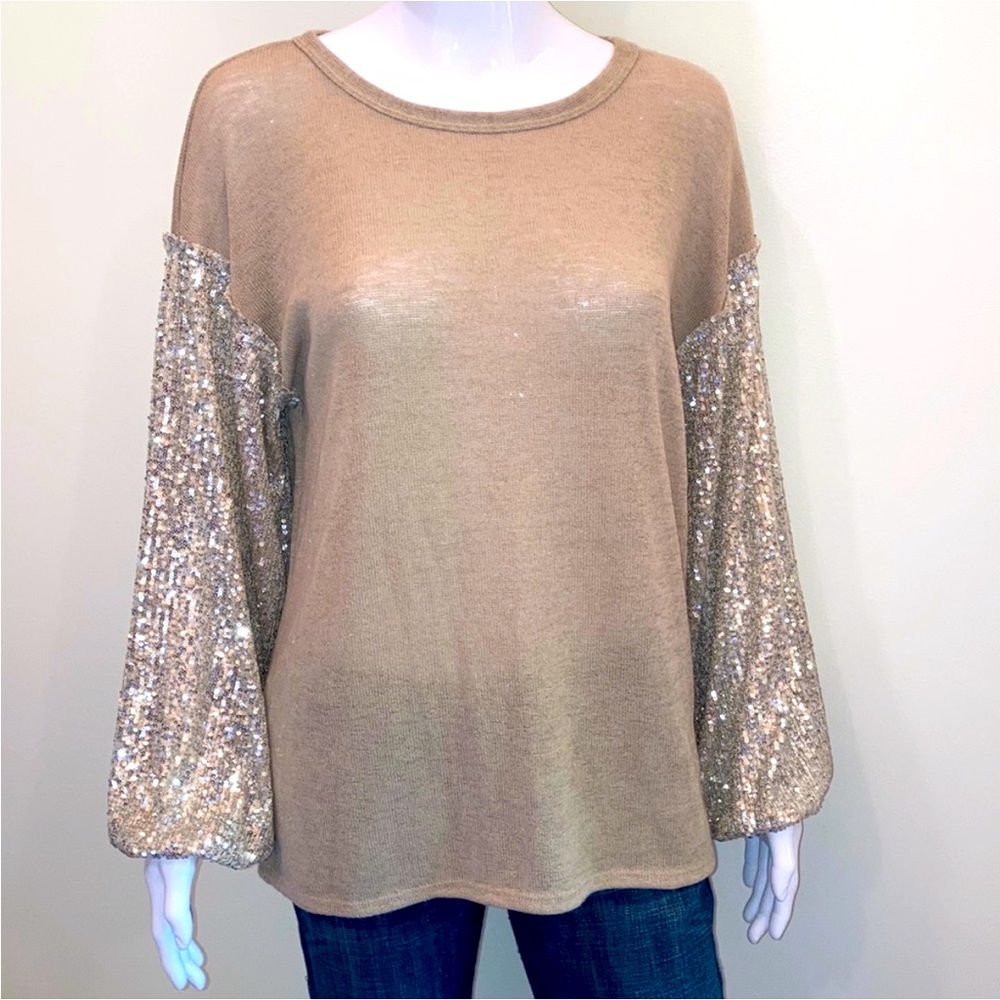 Bibi taupe sequin sleeve sweater. NWOT